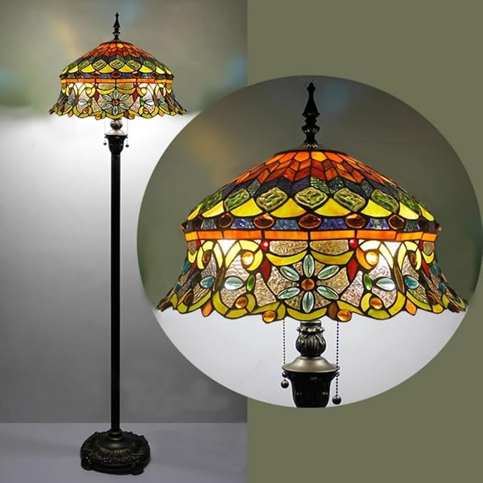 Tiffany Floor Lamp with Bead Jewel Glass Vintage Standing Lamp with Pull Chain Traditional Stained Glass Floor Reading Light for Living Room Bedroom Farmhouse - Handmade Art Glass Shade