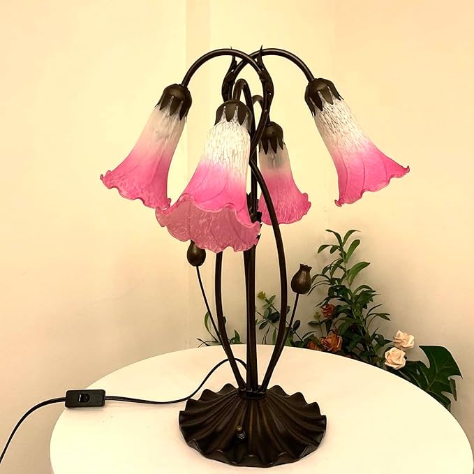 Bieye L10848 Lily Flower Blown Glass Accent Table Lamp for Living Room Bedroom Decoration (4-Light, Pink)