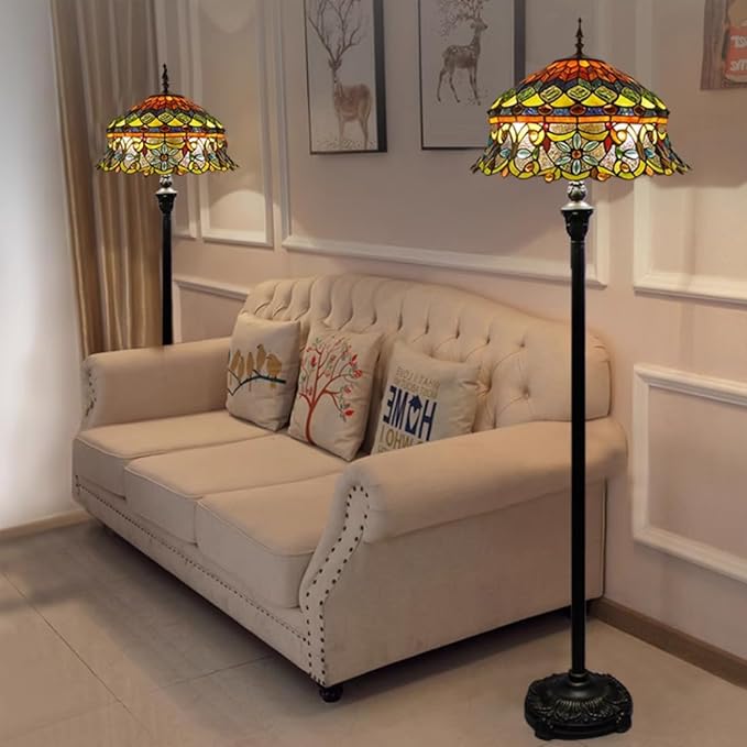 Tiffany Floor Lamp with Bead Jewel Glass Vintage Standing Lamp with Pull Chain Traditional Stained Glass Floor Reading Light for Living Room Bedroom Farmhouse - Handmade Art Glass Shade
