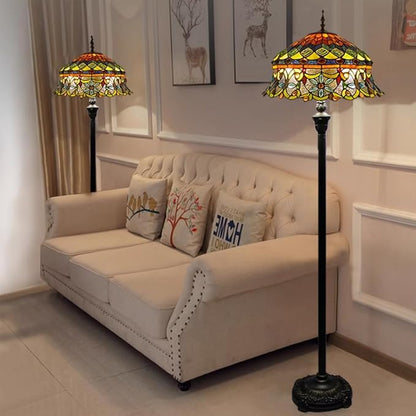 Tiffany Floor Lamp with Bead Jewel Glass Vintage Standing Lamp with Pull Chain Traditional Stained Glass Floor Reading Light for Living Room Bedroom Farmhouse - Handmade Art Glass Shade