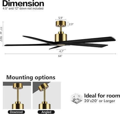 WINGBO 64 Inch DC Ceiling Fan without Lights, 5 Reversible Carved Solid Wood Blades, 6-Speed Noiseless DC Motor, Ceiling Fan No Light with Remote, Brass Finish with Black Blades, ETL Listed