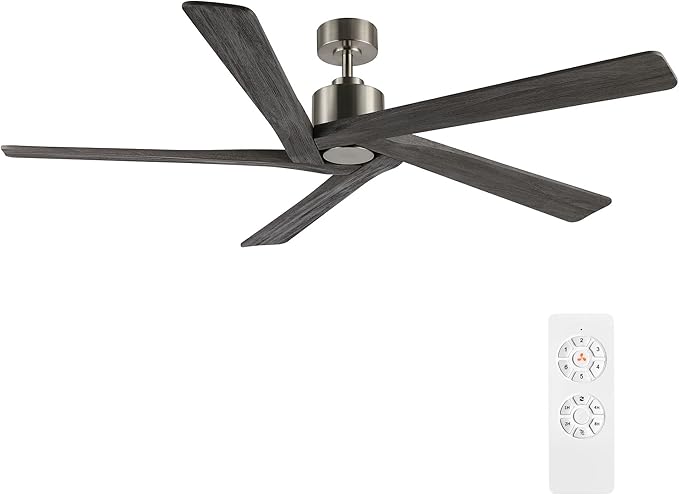 WINGBO 64 Inch DC Ceiling Fan without Lights, 5 Reversible Carved Solid Wood Blades, 6-Speed Noiseless DC Motor, Ceiling Fan No Light with Remote, Brushed Nickel Finish with Gray Blades, ETL Listed
