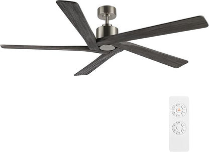 WINGBO 64 Inch DC Ceiling Fan without Lights, 5 Reversible Carved Solid Wood Blades, 6-Speed Noiseless DC Motor, Ceiling Fan No Light with Remote, Brushed Nickel Finish with Gray Blades, ETL Listed