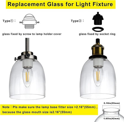 4 Pack Clear Glass Shades, Replacement Glass Globes for Ceiling Fan Light Fixtures, 2-1/8" Fitter, 4.76 inch Diameter, High Transmittance Lampshade for Chandelier, Pendant Light, Wall Sconces Series