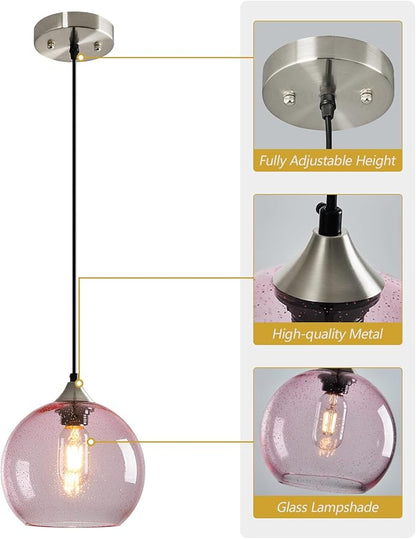 Pink Glass Pendant Lights Kitchen Island Lighting Globe Pendant Light Fixtures Modern Pendant Lighting for Bedroom Living Dining Room Light Fixture (7.87 in, 2 Pack)