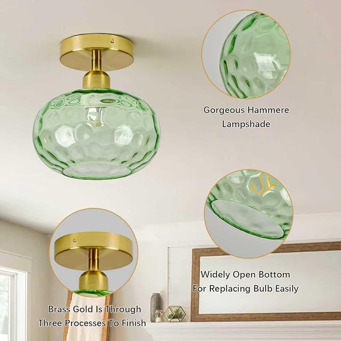 Green Glass Semi Flush Mount Ceiling Light - 2 Pack,7.9 Inch Hammered Glass Hallway Light fixtures Ceiling, Vintage Gold Art Deco Ceiling Light for entryway Foyer Laundry Room Kitchen