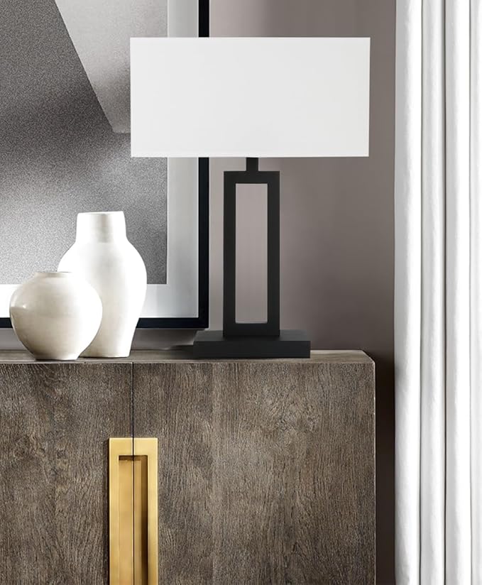 Yosoan White Indoor Table Lamp Bedside Nightstand Desk Lamp, Dimmable On Off Switch Black 65.8" Power Cord Cutout Rectangular White Fabric Shade for Bedroom Hotel Study