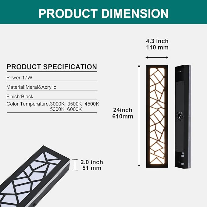 2 Pack LED Outdoor Long Wall Lights,24 inch Outdoor Linear Light for Porch,Dimmable Wall Mounted Light Fixtures,Exterior Long Linear Lighting,Outside Lighting for Patio,House Front Door