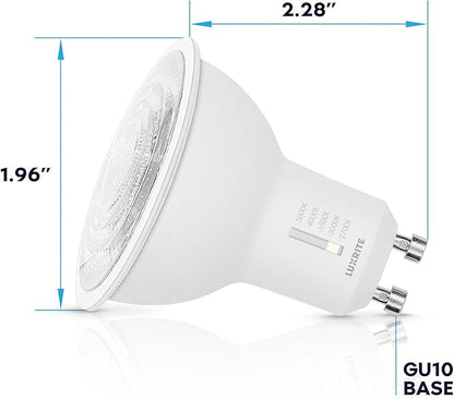 LUXRITE GU10 LED Bulbs Dimmable, 50W Halogen Equivalent, 5 Color Selectable 2700K-5000K, 6.5 Watt, 500 Lumens, 120V Spotlight LED Bulb GU10, Enclosed Fixture Rated (4 Pack)