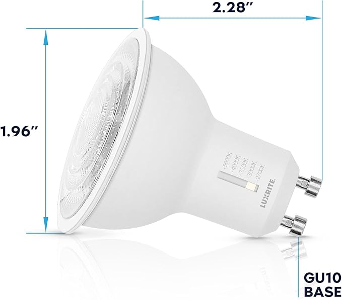 LUXRITE GU10 LED Bulbs Dimmable, 50W Halogen Equivalent, 5 Color Selectable 2700K-5000K, 6.5 Watt, 500 Lumens, 120V Spotlight LED Bulb GU10, Enclosed Fixture Rated (12 Pack)