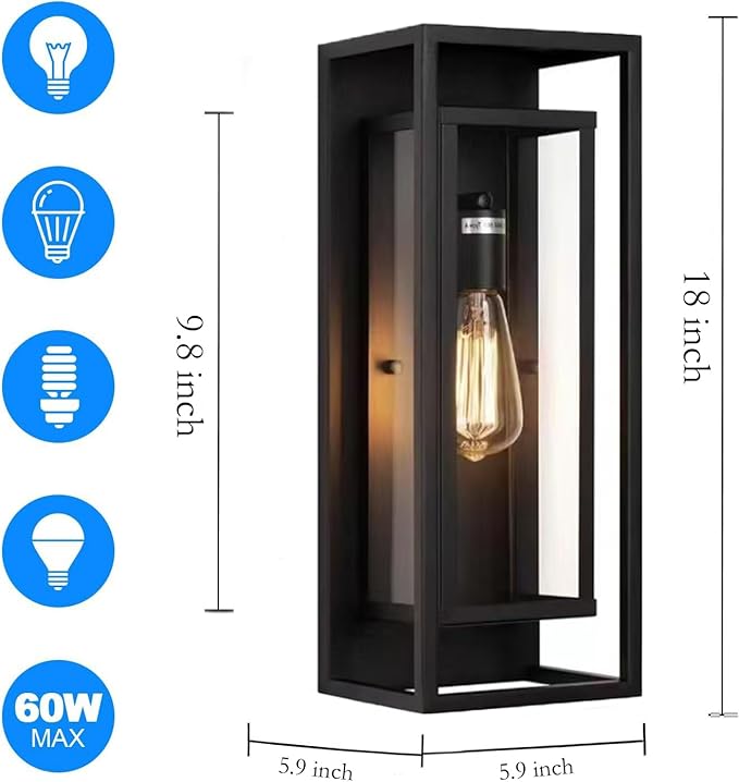 6Pack 18inch Outdoor Wall Light Fixtures, Exterior Waterproof Modern Matte Black Wall Lamps with Glass Shades,E26 Sockets Porch Light for Front Door Patio Entryway
