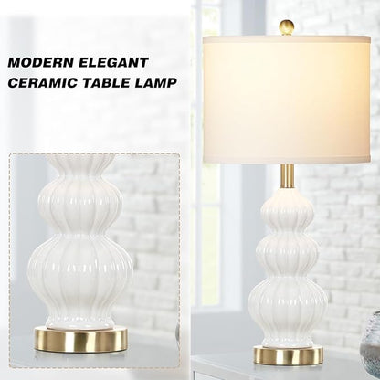Triple Gourd Ceramic Table Lamps Set of 2, Modern White Bedside Lamps with Rotary Switch， Contemporary Nightstand Lamps for Bedroom Living Room