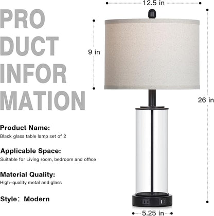 26" Black Glass Table Lamps Set of 2, 3-Way Dimmable Touch Control Glass Lamps for Living Room, Modern Bedroom Lamp with USB C+A Ports & Outlet, Classic Bedside Lamp for Nightstand Side End Decoration
