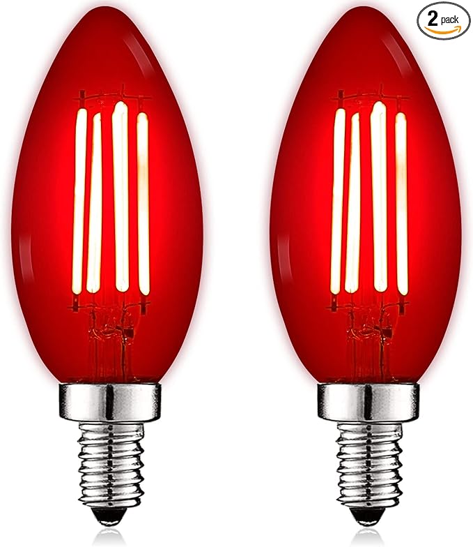 LUXRITE E12 LED Filament Red Light Bulbs, 4.5W (40W Equivalent), Colored Glass Candelabra Bulb, UL Listed, E12 Base, Indoor Outdoor, Porch, Decoration, Party, Holiday, Event, Home Lighting (2 Pack)
