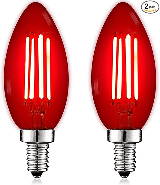 LUXRITE E12 LED Filament Red Light Bulbs, 4.5W (40W Equivalent), Colored Glass Candelabra Bulb, UL Listed, E12 Base, Indoor Outdoor, Porch, Decoration, Party, Holiday, Event, Home Lighting (2 Pack)
