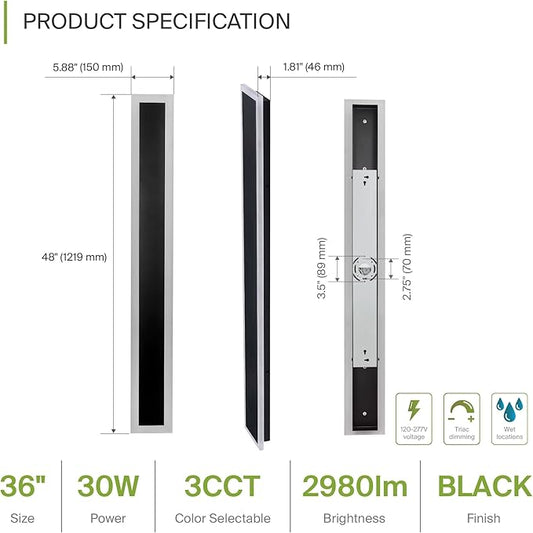 ASD LED 48" Long Wall Mount Light Fixture, Outdoor & Indoor Linear Sconce | 3CCT, Dimmable, Waterproof, Anti-Rust, ETL Listed | 36W 2980LM 3000-5000K 100-277V | Exterior Porch Lighting | Black