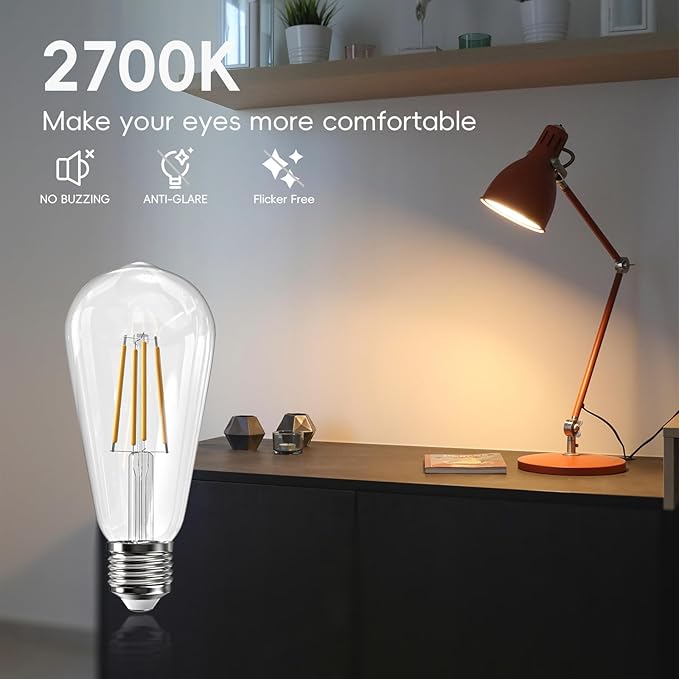 Jensense Edison LED Light Bulbs 8Watt Dimmable, 2700K Warm White, E26 Base, 60W Equivalent, Vintage Style, 800lm, CRI 90, Clear Glass, 24 Pack