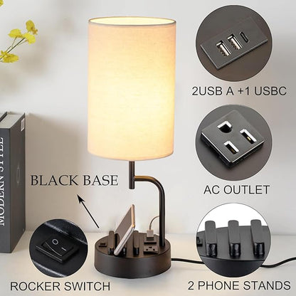 Dreamholder Table Lamp with 3 USB Charging Ports, Modern Desk Lamp with AC Outlet and Phone Stands, Perfect Bedside Lamp for Bedroom, Living Room, Office (Pack of 2), Cream