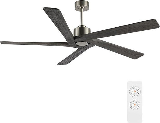 WINGBO 72 Inch DC Ceiling Fan No Light with 3 Downrods, 5 Reversible Carved Solid Wood Blades, 6-Speed Noiseless DC Motor, Large Ceiling Fan without Lights in Brushed Nickel Finish with Gray Blades