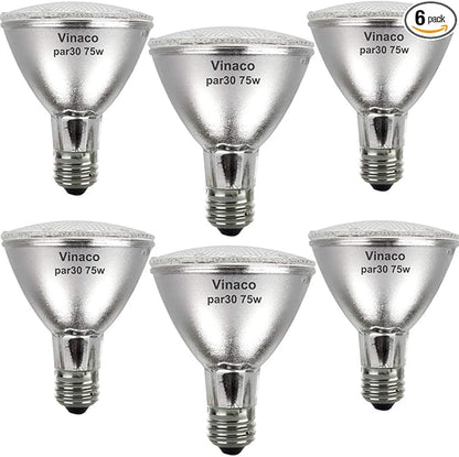Vinaco PAR30 Flood Light 75W, 6 Pack High Brightness 1000LM PAR30 Halogen Long Neck Dimmable,PAR30L Flood 75 Watt 3000K Warm White, Long Lasting PAR 30 75W 120V Flood Long-Neck with E26 Base