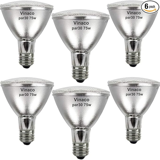 Vinaco PAR30 Flood Light 75W, 6 Pack High Brightness 1000LM PAR30 Halogen Long Neck Dimmable,PAR30L Flood 75 Watt 3000K Warm White, Long Lasting PAR 30 75W 120V Flood Long-Neck with E26 Base