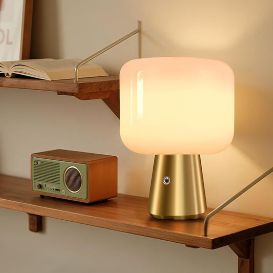 Cordless LED Table Lamp, Desk Lamp for Home Office with Battery Operated, Stepless Dimming Antique Light for Study Library, White Glass Shade, Brass