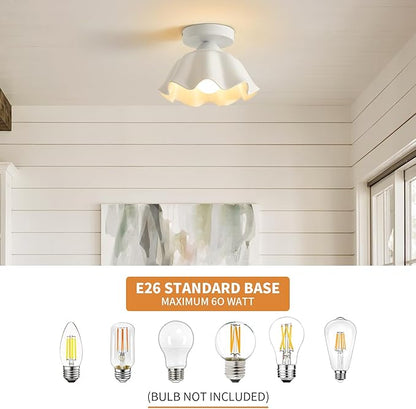 2 Pack Semi Flush Mount Ceiling Light - Flower Glaze Ceramic, White Vintage Hallway Light Fixtures, Milk Glass Ceiling Lights, Mid Century Small Light Fixture for Cottage Entryway Laundry Room Foyer