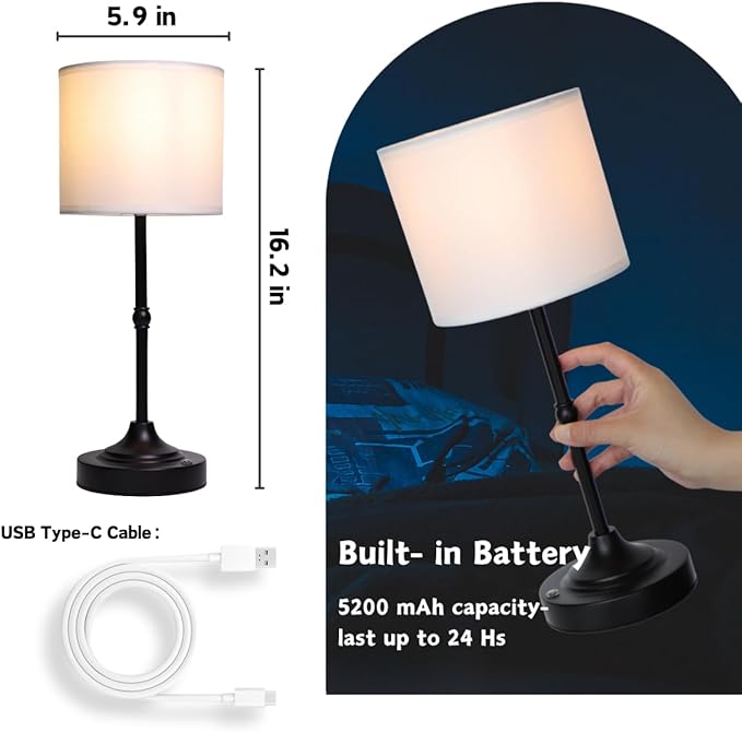 Rechargeable Table Lamp, Cordless Touch Lamps, Portable Desk Light with Stepless Dimmable Brightness & Fabric Shade for Nightstand Bedside Living Room (Black, Straight)