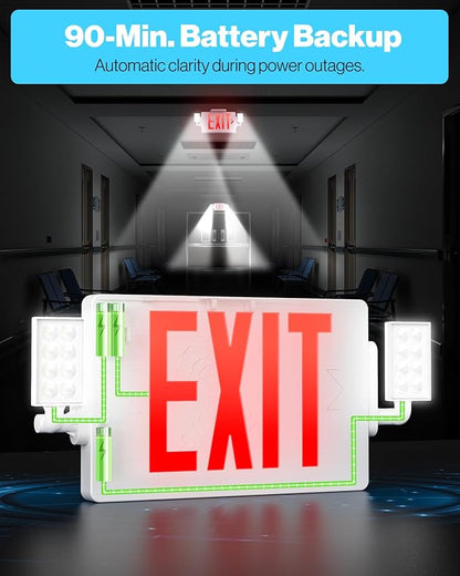 Sunco Exit Signs With Emergency Lights, Two Adjustable LED Lights With Backup Battery, Red, 94V-0 Fire Resistant, 120-277V, Wall Or Ceiling Mount, Commercial Grade UL 2 Pack.