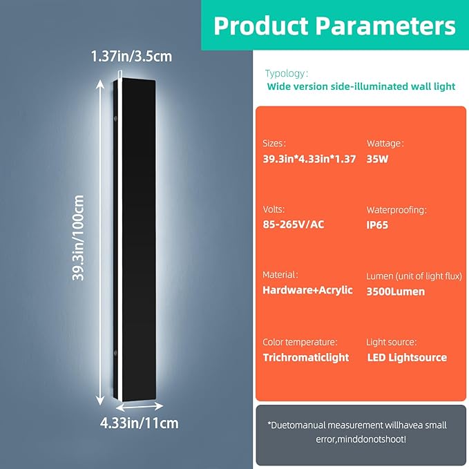 Upgrade Widened 2 Pack 39.3inch Outside Wall Mount Light Fixtures, 3000K-6000K Dimmable Modern LED Wall Sconce, IP65 Waterproof Long Strip Lighting for Porch, Patio, Garage with Remote Control