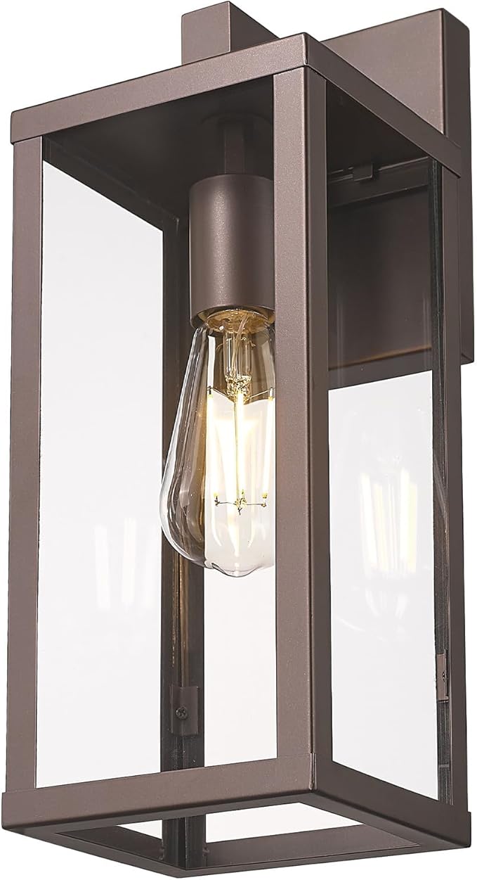 Outdoor Wall Light with Clear Glass, Anti-Rust Exterior Wall Sconce, Weather Resistant Outdoor Lantern, Exterior Lighting for Porch, Patio, Garage, Entryway (Oil-Rubbed Bronze, 15.5" Height-1 Pack)