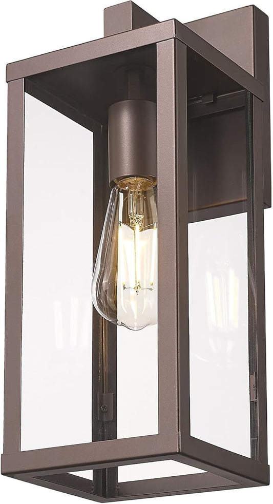 Outdoor Wall Light with Clear Glass, Anti-Rust Exterior Wall Sconce, Weather Resistant Outdoor Lantern, Exterior Lighting for Porch, Patio, Garage, Entryway (Oil-Rubbed Bronze, 15.5" Height-1 Pack)