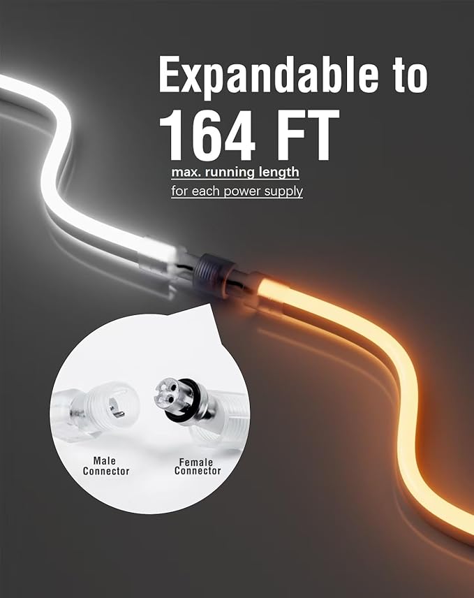 Shine Decor LED Neon Rope Lights 120VAC, 120LEDs/M Lum Strip Lighting End Extendable 2500K Warm White 65ft, Water & Cold Resistant for Outdoor Indoor, 4520LM Bright 8x16mm ETL Listed