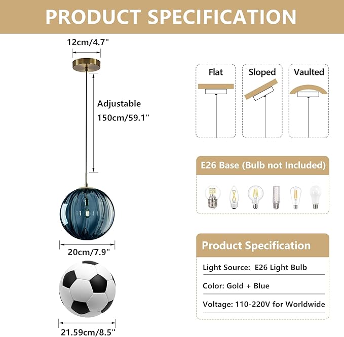 KCO Lighting Glass Globe Pendant Light Single Blue Pendant Lights Kitchen Island Brushed Gold Hanging Light Fixture Mid Century Retro Hanging Lamp Vintage Striped Pendant Light