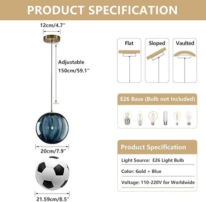 KCO Lighting Glass Globe Pendant Light Single Blue Pendant Lights Kitchen Island Brushed Gold Hanging Light Fixture Mid Century Retro Hanging Lamp Vintage Striped Pendant Light