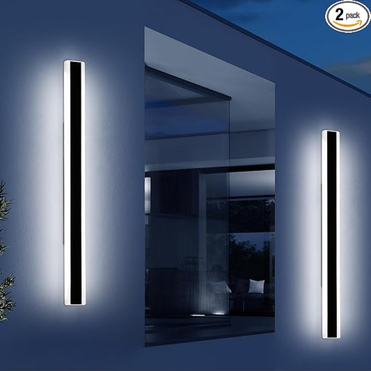 2 Pack 57inch Exterior Wall Light Fixture, 6000K Cold White, Modern Long Outdoor Wall Sconce, IP65 Waterproof, 50W, Black Outside LED Strip Lighting for Garage, Patio, Balcony, Fence