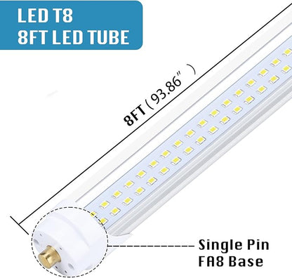 (4-Pack),T8/T10/T12 8FT LED Tube Light, Single Pin FA8 Base, 100W 15000LM 6000K Cold White, 180 Degree Flat Shaped LED Fluorescent Bulb (250W Equiv.), Clear Cover, Dual-Ended Power
