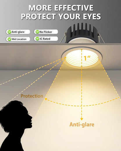 Adetu 2 Inch 5CCT Anti-Glare LED Downlight with Junction Box, 2700K/3000K/4000K/5000K Selectable, CRI90+, 8W COB, 840LM, IP65 Waterproof, Dimmable-ETL and Energy Star Certified (White,12 Pack)