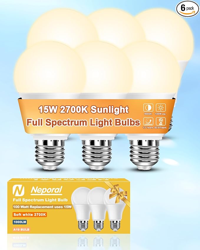 Neporal Full Spectrum Light Bulb 15W LED=100W, 2700K Flicker-Free Warm Light Bulbs, UV-Free & High CRI & Eye-Caring Sunlight Light Bulbs for Human, Home, Office, Plant, E26/E27, 30000H Lifespan, 6PK