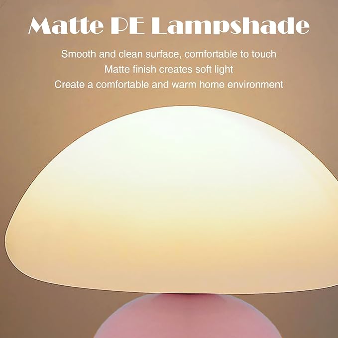 Cute Small Mushroom Lamp, PE Lampshade, Ceramic Spherical Base, Adjustable Light Color and Brightness, Safe USB Powered, Energy-Saving LED Mushroom Light for Bedroom Living Room (Pink)