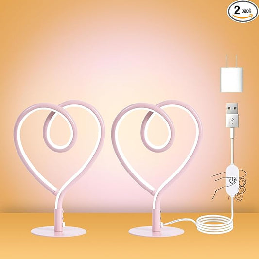 Pink Desk Lamps for Girls Room,3CCT Stepless Dimmable Pink Table Lamp with USB Adapter,Small Heart Lamp,Modern Nightstand Lamps for Bedroom,Nightstand,Office (2 Pack)