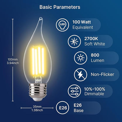 FLSNT 2700K Soft White LED Chandelier Edison Bulbs, 100W Equivalent, Dimmable CA11 E26 Base LED Candelabra Bulbs, 800LM, 6 Pack UL,CA65 Listed.