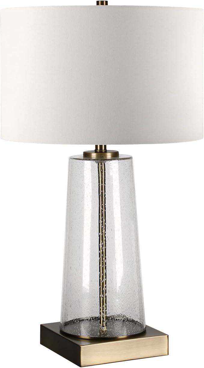 Dax 27.5" Tall Table Lamp with Fabric Shade in Seeded Glass/Brass/White