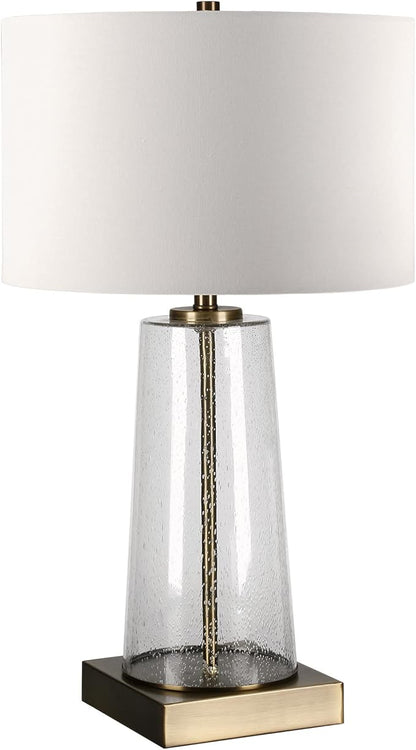 Dax 27.5" Tall Table Lamp with Fabric Shade in Seeded Glass/Brass/White