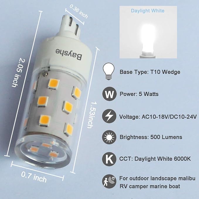 12V T10 Wedge Base Led Landscape Bulbs 5W Malibu Path Garden Light Bulbs,921 922 912 194 168 T10 RV Camper Trailer Motorhome Marine Boat Dome Light,6000K Daylight White,6 Pack