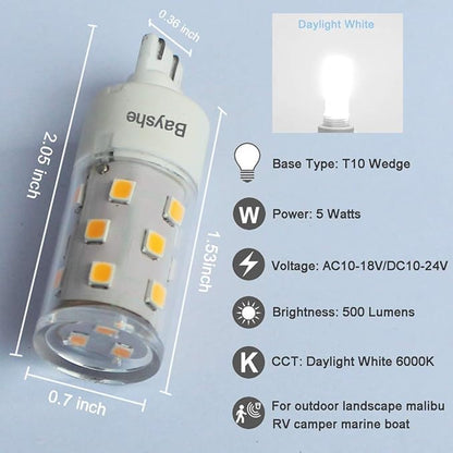 12V T10 Wedge Base Led Landscape Bulbs 5W Malibu Path Garden Light Bulbs,921 922 912 194 168 T10 RV Camper Trailer Motorhome Marine Boat Dome Light,6000K Daylight White,6 Pack