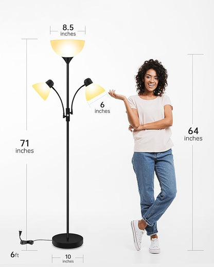 Floor Lamp Black, Standing Lamp, 71" Tall Lamps for Living Room, 3 Way Switch, Plastic Lampshade, Torchiere Floor Lamp with Reading Lamps, Modern Pole Lamps for Bedroom Kids Room E26 Base(No Bulb)