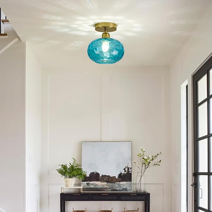 Blue Glass Semi Flush Mount Ceiling Light - 7.9 Inch Hammered Art Deco Glass Small Hallway Light fixtures, Vintage Gold Flush Mount Ceiling Light for entryway Foyer Laundry Room Kitchen