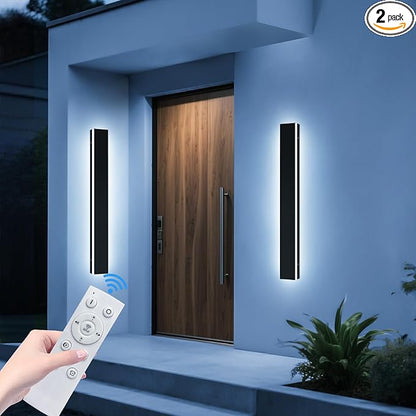 Upgrade Widened 2 Pack Black Outdoor Wall Sconce, 47.2inch Dimmable Modern LED Exterior Light Fixture, 3000K-6000K, IP65 Waterproof, Long Wall Mount Lamp for Fence, Garden, House with Remote Control