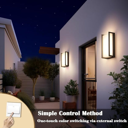 Modern Exterior Lighting Fixtures, 3-Color Temperature Front Porch Light fixtures, IP65 Waterproof Wall Sconce,18W Rectangular Black Outdoor Wall Lights for House Walkway Stair Garage